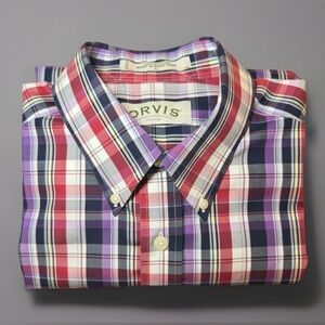 Orvis Wrinkle Free Button Down Shirt Mens L Red Black Purple Plaid Short Sleeve
